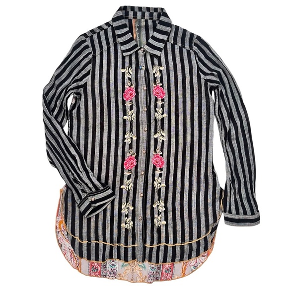 Aratta Silent Journey Anthro Stripe Floral Embroidered Top S High Low Tunic Boho - Picture 2 of 11